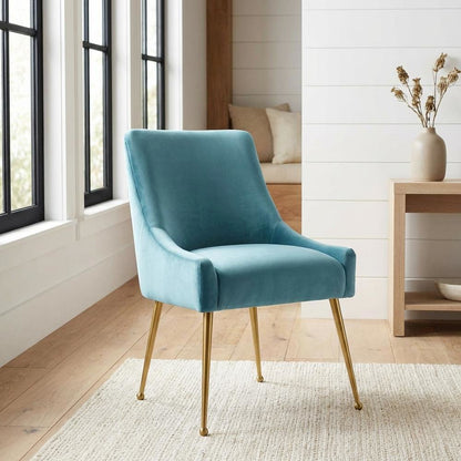 Velvet Side Chair in Sea Blue with Gold-Stainless Steel Legs and Fiber Foam Seat