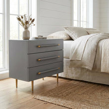 Grey Bedroom Nightstand with Soft-Close Drawers and Gold Iron Legs