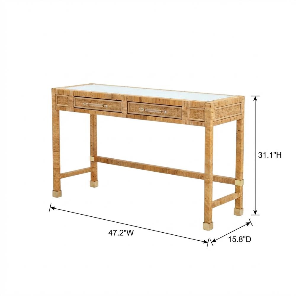 Glass Top Rattan Writing Desk With Drawers And Natural Veneer Wood Base