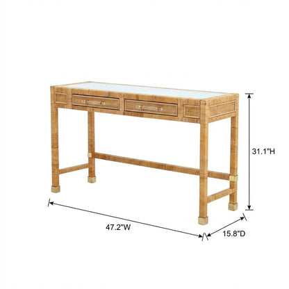 Glass Top Rattan Writing Desk With Drawers And Natural Veneer Wood Base