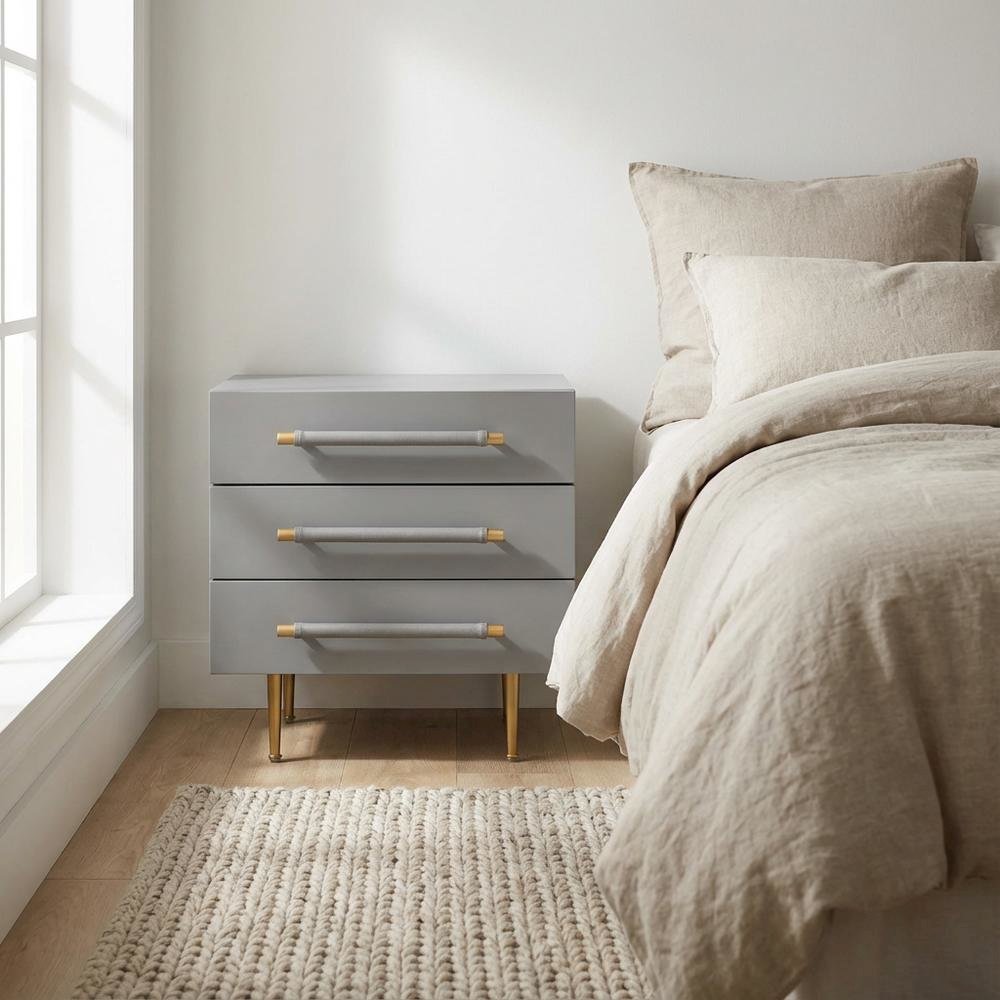 Grey Bedroom Nightstand with Soft-Close Drawers and Gold Iron Legs