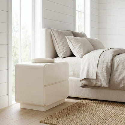 Cream Nightstand with Soft Close Drawers and Acacia Legs