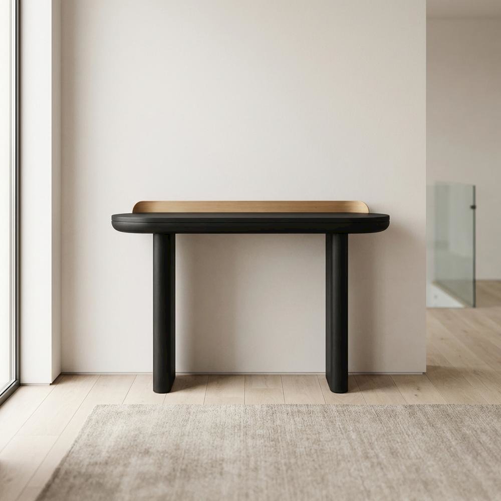 Black minimalist desk with adjustable shelf and sleek leg design