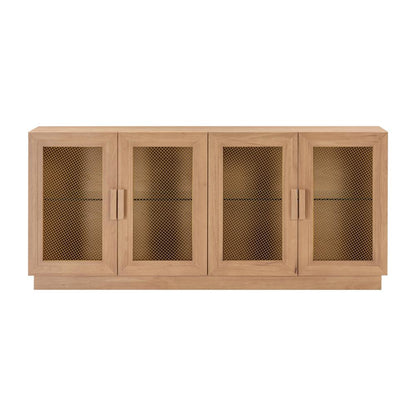 Elegant Blue Media Console Featuring Ash Veneer and Glass Shelving