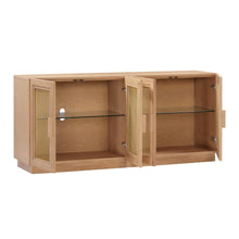 Elegant Blue Media Console Featuring Ash Veneer and Glass Shelving