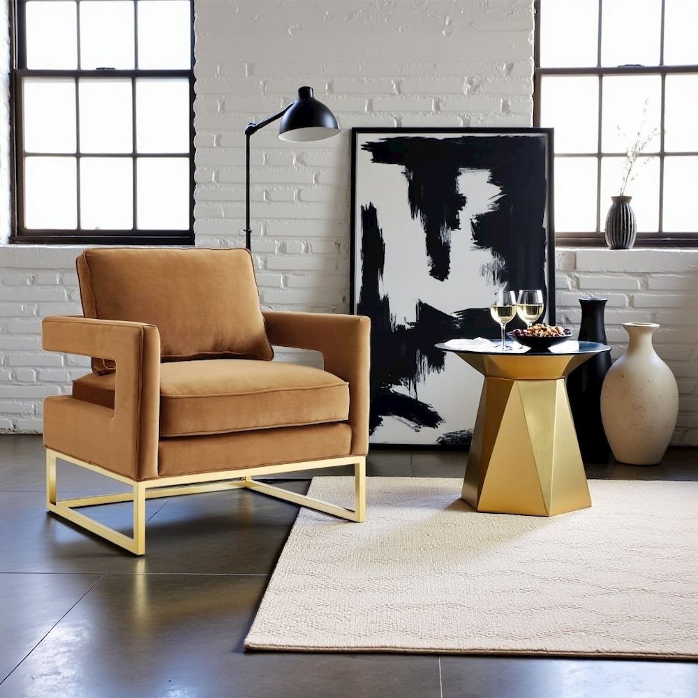 Cognac Velvet Armchair With Gold Legs And Foam Cushioning For Living Room