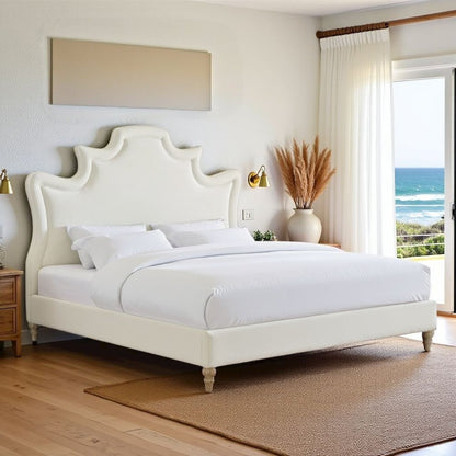 Cream Velvet Bed Frame King Size With Wood Slats And Refined Upholstered Base