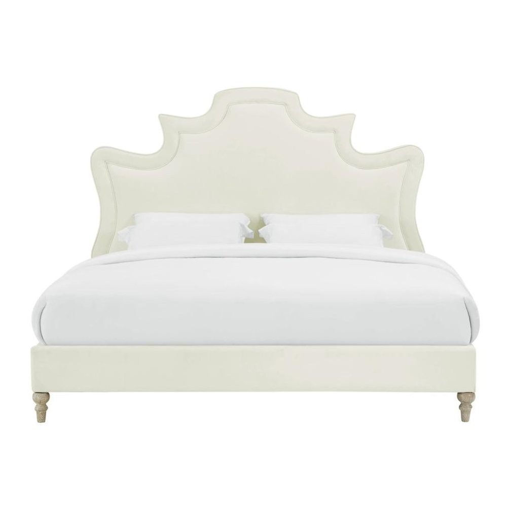 Cream Velvet Bed Frame King Size With Wood Slats And Refined Upholstered Base