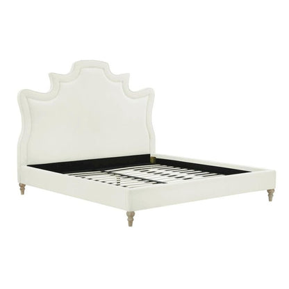 Cream Velvet Bed Frame King Size With Wood Slats And Refined Upholstered Base