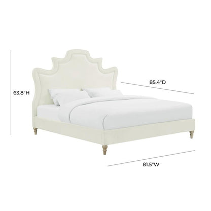 Cream Velvet Bed Frame King Size With Wood Slats And Refined Upholstered Base