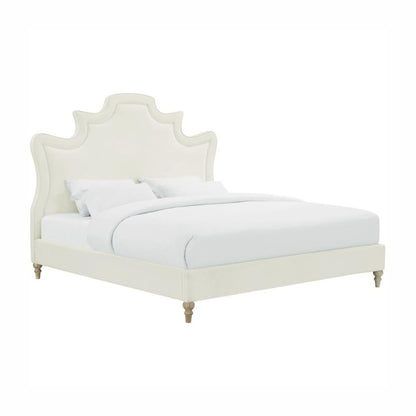 Cream Velvet Bed Frame Queen Size With Wood Slats And Upholstered Structure
