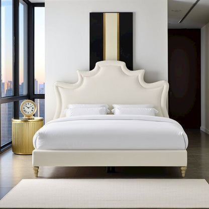 Cream Velvet Bed Frame Queen Size With Wood Slats And Upholstered Structure