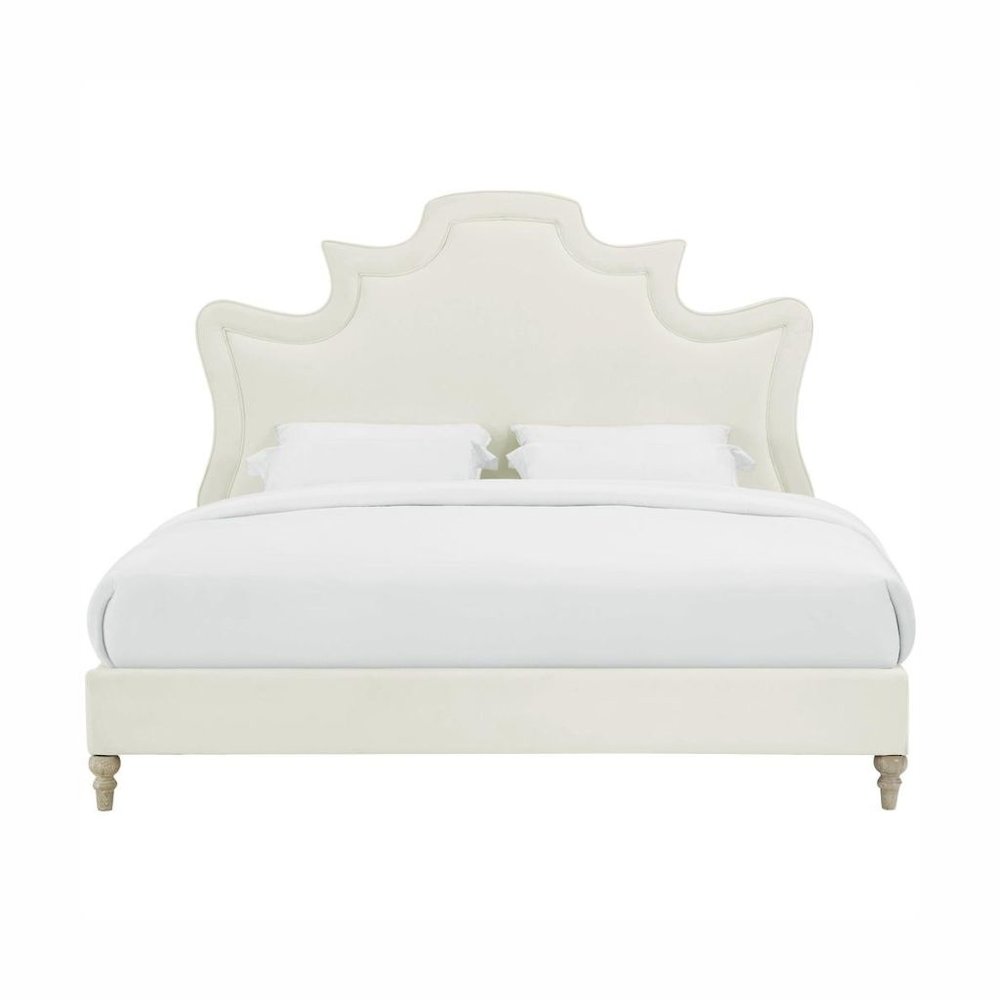 Cream Velvet Bed Frame Queen Size With Wood Slats And Upholstered Structure