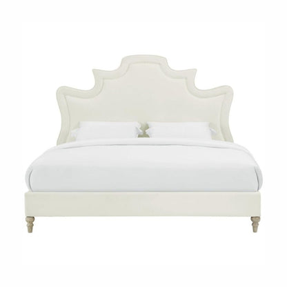 Cream Velvet Bed Frame Queen Size With Wood Slats And Upholstered Structure