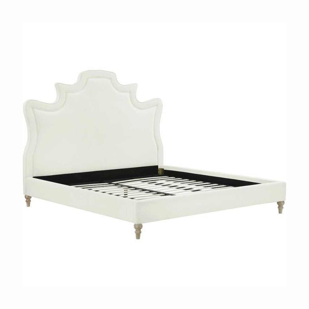 Cream Velvet Bed Frame Queen Size With Wood Slats And Upholstered Structure