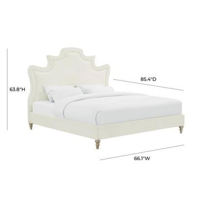 Cream Velvet Bed Frame Queen Size With Wood Slats And Upholstered Structure