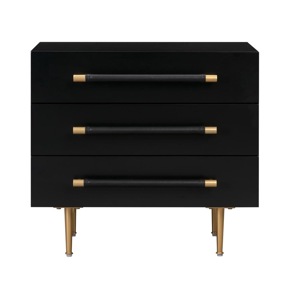 Modern black nightstand with soft-close drawers and gold iron legs