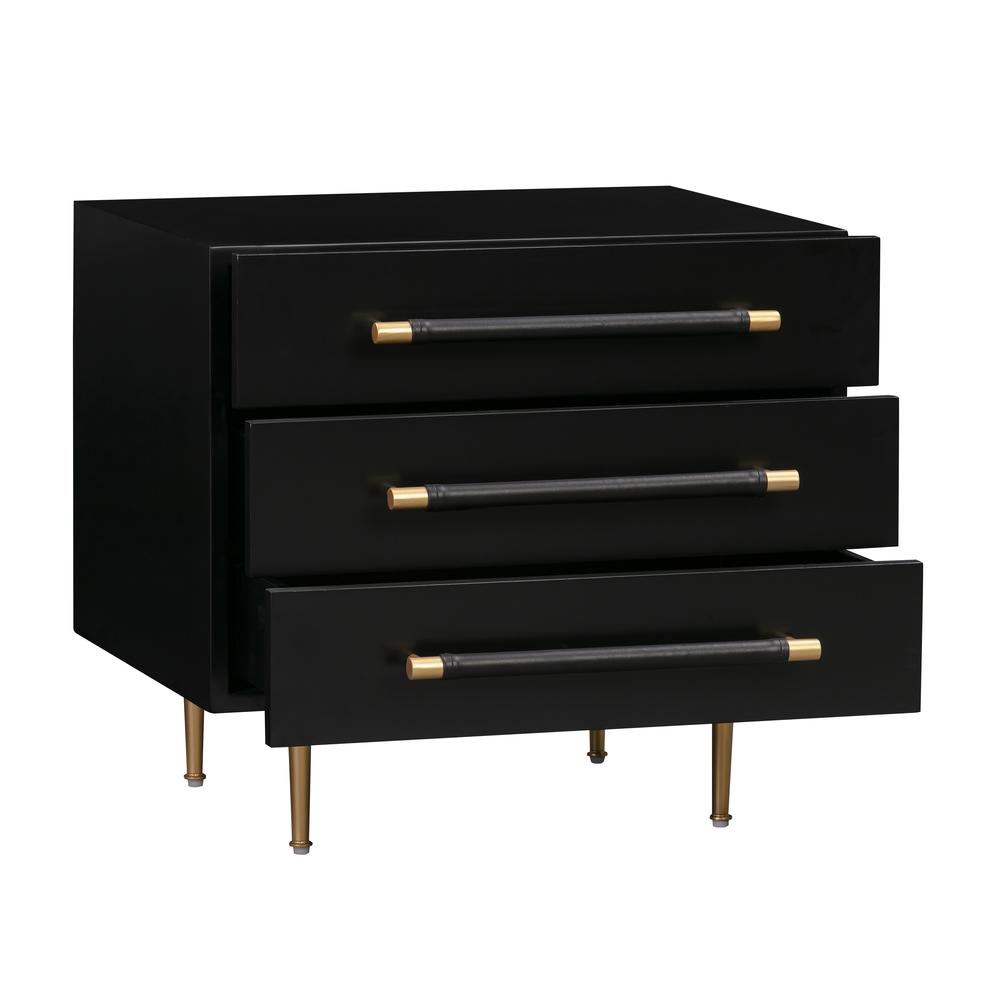 Modern black nightstand with soft-close drawers and gold iron legs