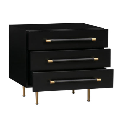 Modern black nightstand with soft-close drawers and gold iron legs