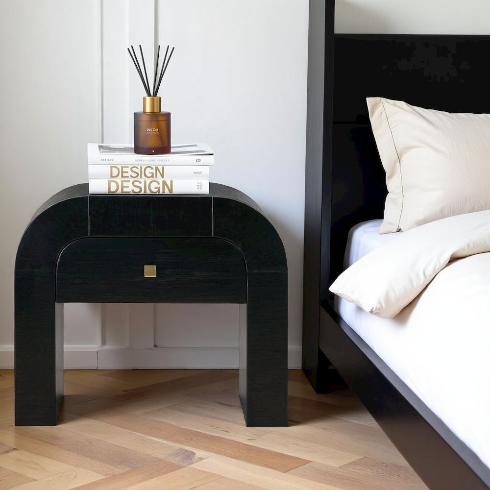 Black Nightstand With 1 Drawer And Rounded Frame, Small Bedside Table Design