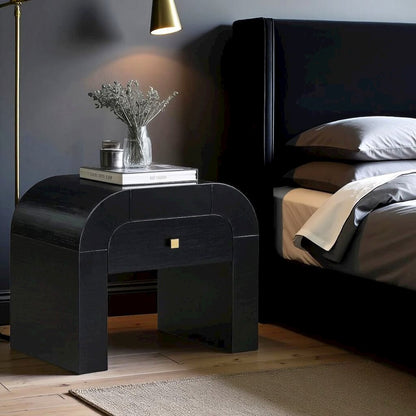 Black Nightstand With 1 Drawer And Rounded Frame, Small Bedside Table Design