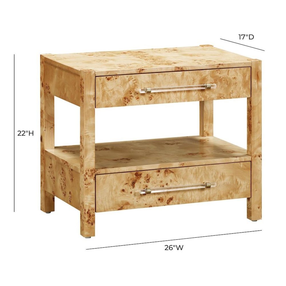 Handmade Acacia Wood Night Stand With  2 Drawers In Light Brown Burl Finish