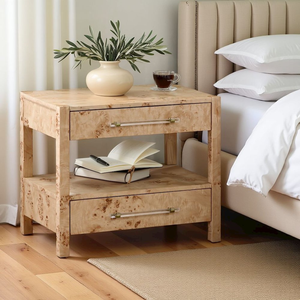 Handmade Acacia Wood Night Stand With  2 Drawers In Light Brown Burl Finish
