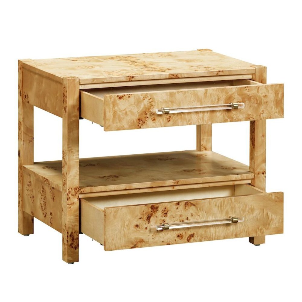Handmade Acacia Wood Night Stand With  2 Drawers In Light Brown Burl Finish