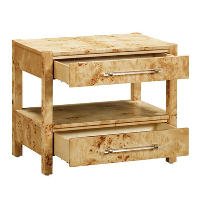 Handmade Acacia Wood Night Stand With  2 Drawers In Light Brown Burl Finish