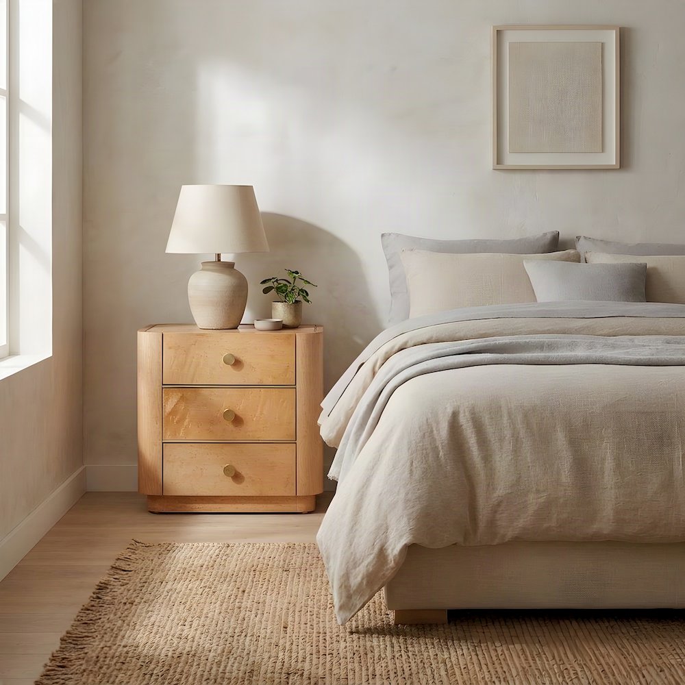 Birdseye Veneer Nightstand with Soft-Close Drawer, Bedside Table, Natural