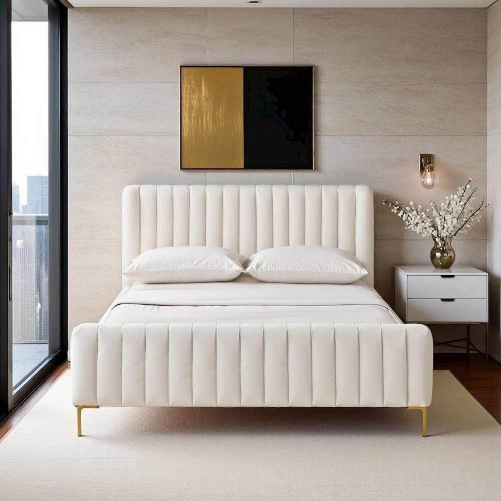 Beige Velvet Queen Bed Frame With Channel Tufting And Gold Metal Legs