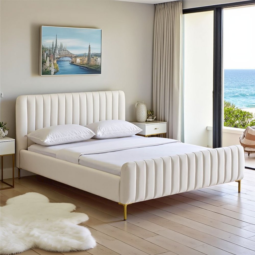 Beige Velvet Queen Bed Frame With Channel Tufting And Gold Metal Legs