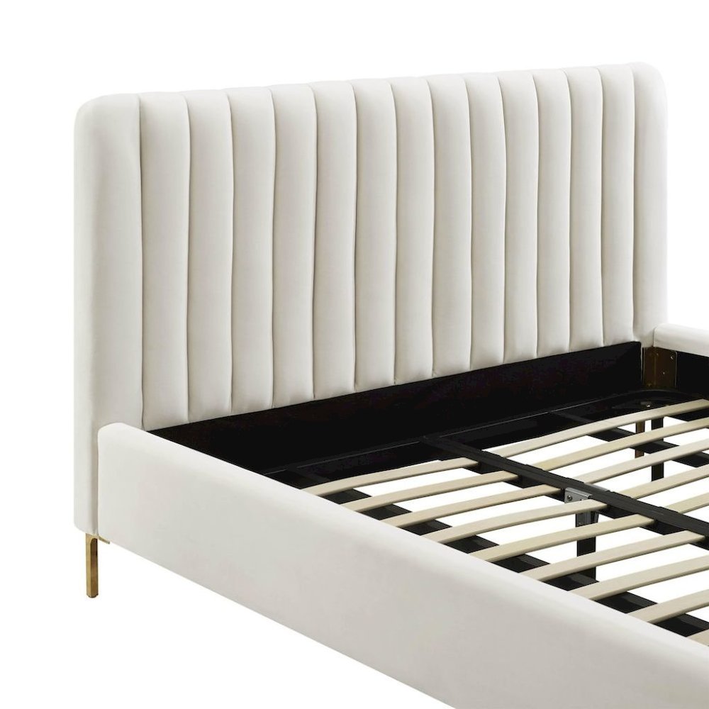 Beige Velvet Queen Bed Frame With Channel Tufting And Gold Metal Legs