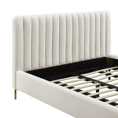 Beige Velvet Queen Bed Frame With Channel Tufting And Gold Metal Legs