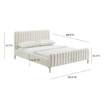 Beige Velvet Queen Bed Frame With Channel Tufting And Gold Metal Legs