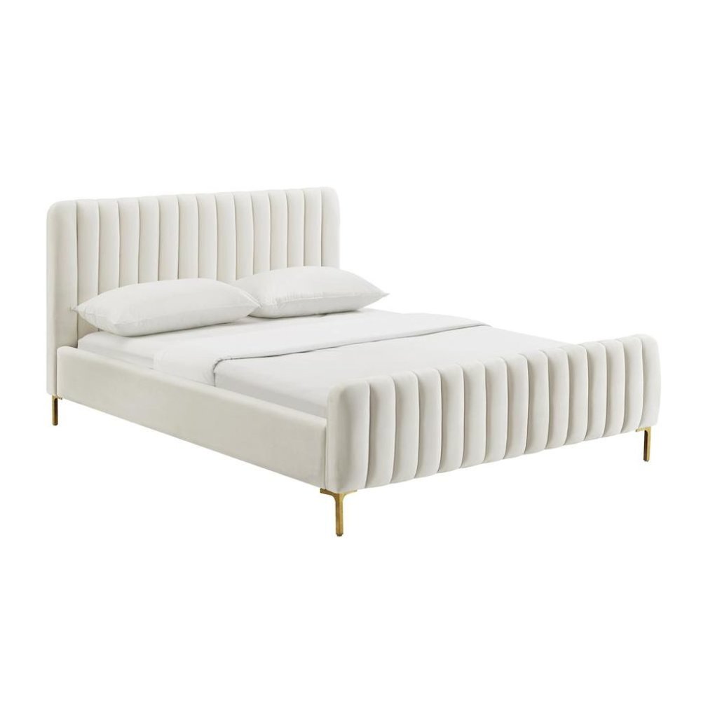 Beige Full Size Velvet Bed Frame With Gold Legs And Channel Tufted Headboard