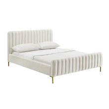 Beige Full Size Velvet Bed Frame With Gold Legs And Channel Tufted Headboard