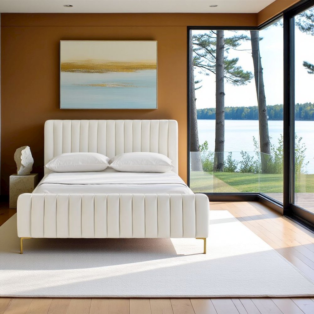 Beige Full Size Velvet Bed Frame With Gold Legs And Channel Tufted Headboard