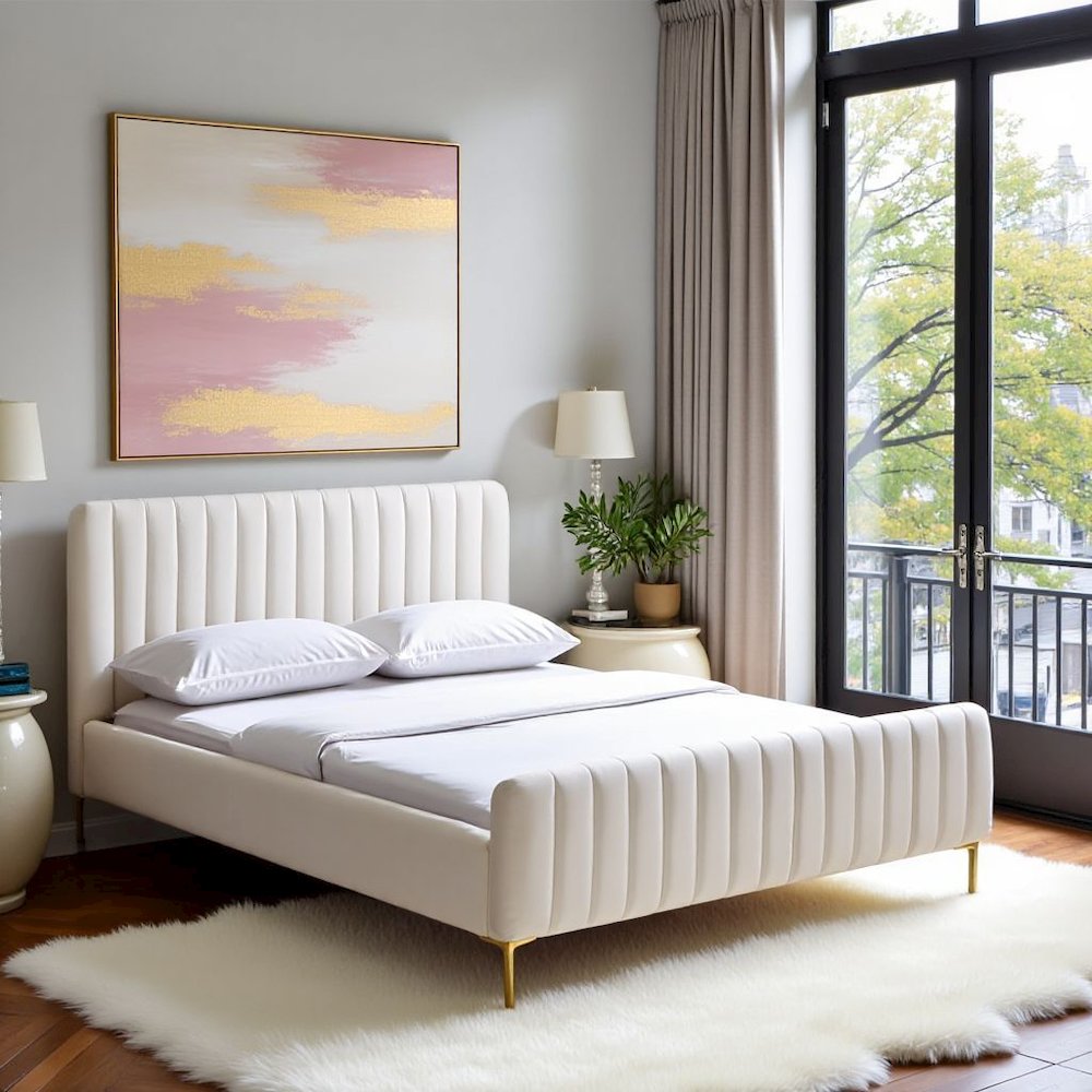 Beige Full Size Velvet Bed Frame With Gold Legs And Channel Tufted Headboard