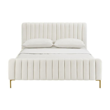 Beige Full Size Velvet Bed Frame With Gold Legs And Channel Tufted Headboard