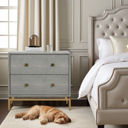 Gray Wood Night Stand With 2 Drawers And Gold Base, Shagreen Textured Finish