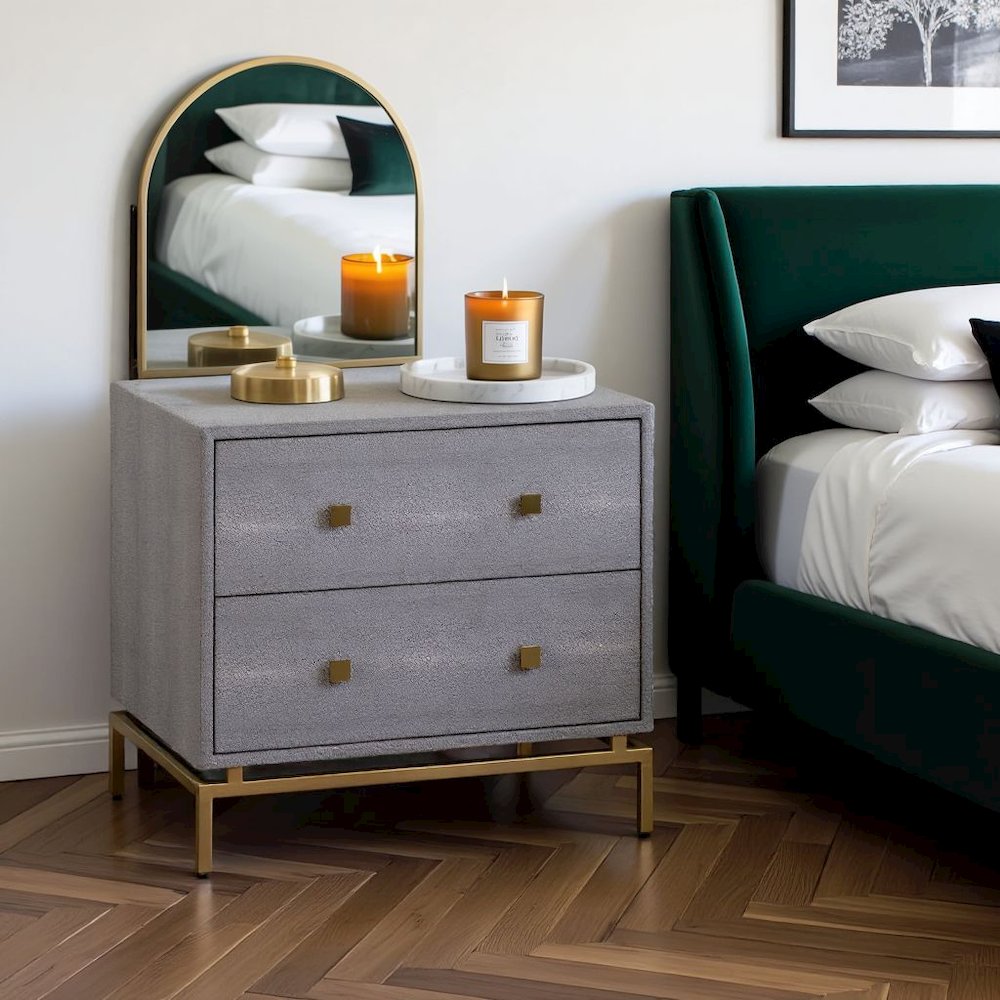 Gray Wood Night Stand With 2 Drawers And Gold Base, Shagreen Textured Finish