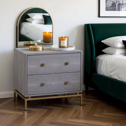 Gray Wood Night Stand With 2 Drawers And Gold Base, Shagreen Textured Finish