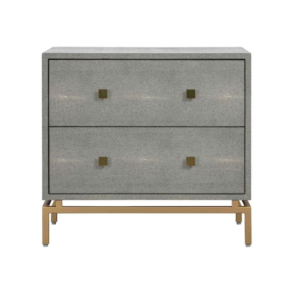 Gray Wood Night Stand With 2 Drawers And Gold Base, Shagreen Textured Finish
