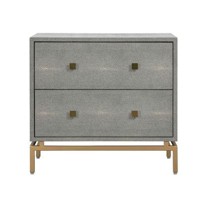 Gray Wood Night Stand With 2 Drawers And Gold Base, Shagreen Textured Finish