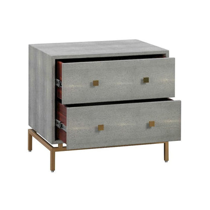 Gray Wood Night Stand With 2 Drawers And Gold Base, Shagreen Textured Finish