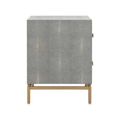 Gray Wood Night Stand With 2 Drawers And Gold Base, Shagreen Textured Finish