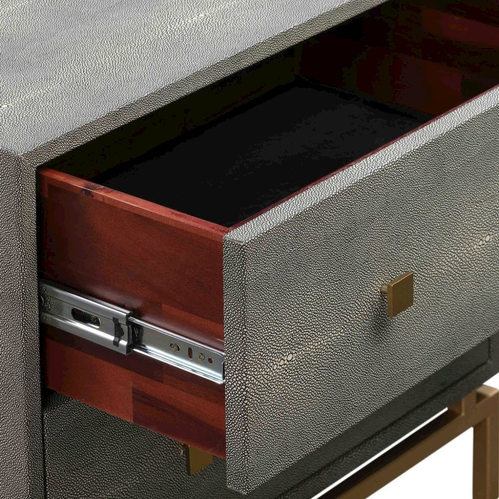 Gray Wood Night Stand With 2 Drawers And Gold Base, Shagreen Textured Finish