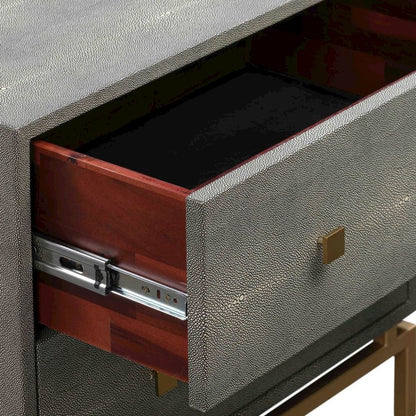 Gray Wood Night Stand With 2 Drawers And Gold Base, Shagreen Textured Finish