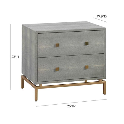 Gray Wood Night Stand With 2 Drawers And Gold Base, Shagreen Textured Finish